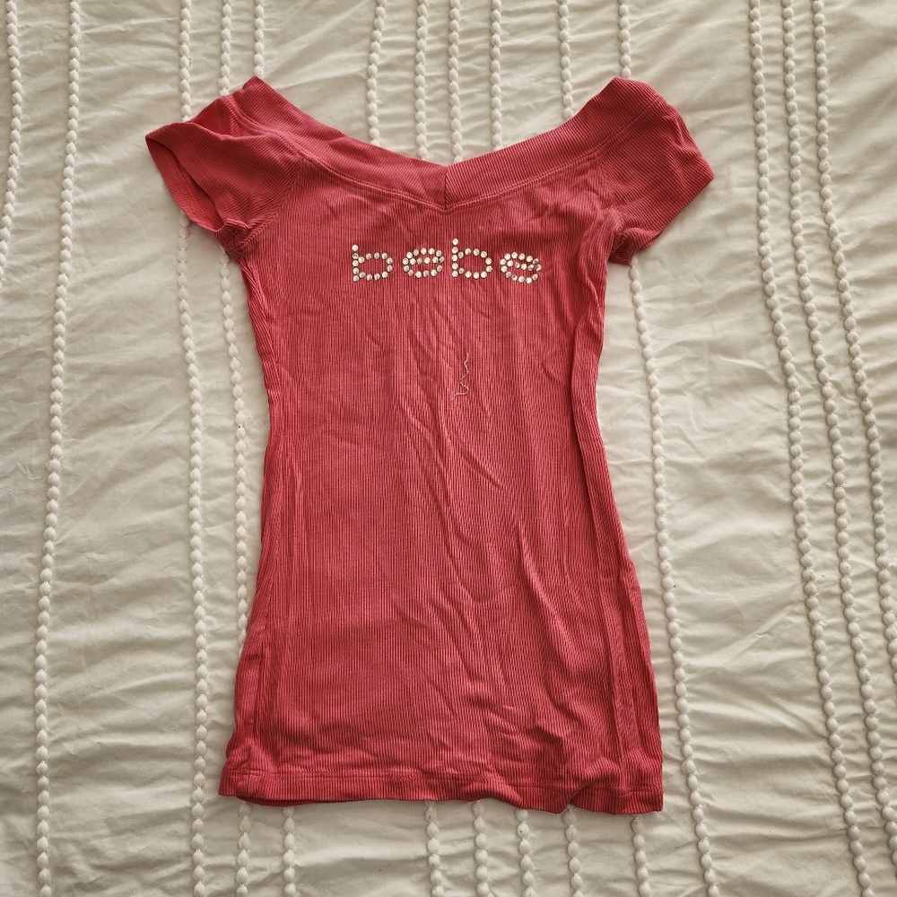 Y2K Bebe Rhinestone Pink Fitted Short Sleeve Off Shojlder Tee
